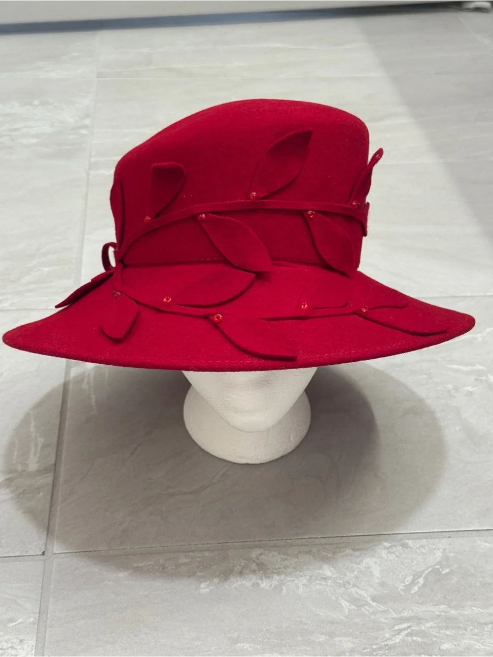 betmar Red Wool Leaf-Trim A-Symmetrical Women's Hat